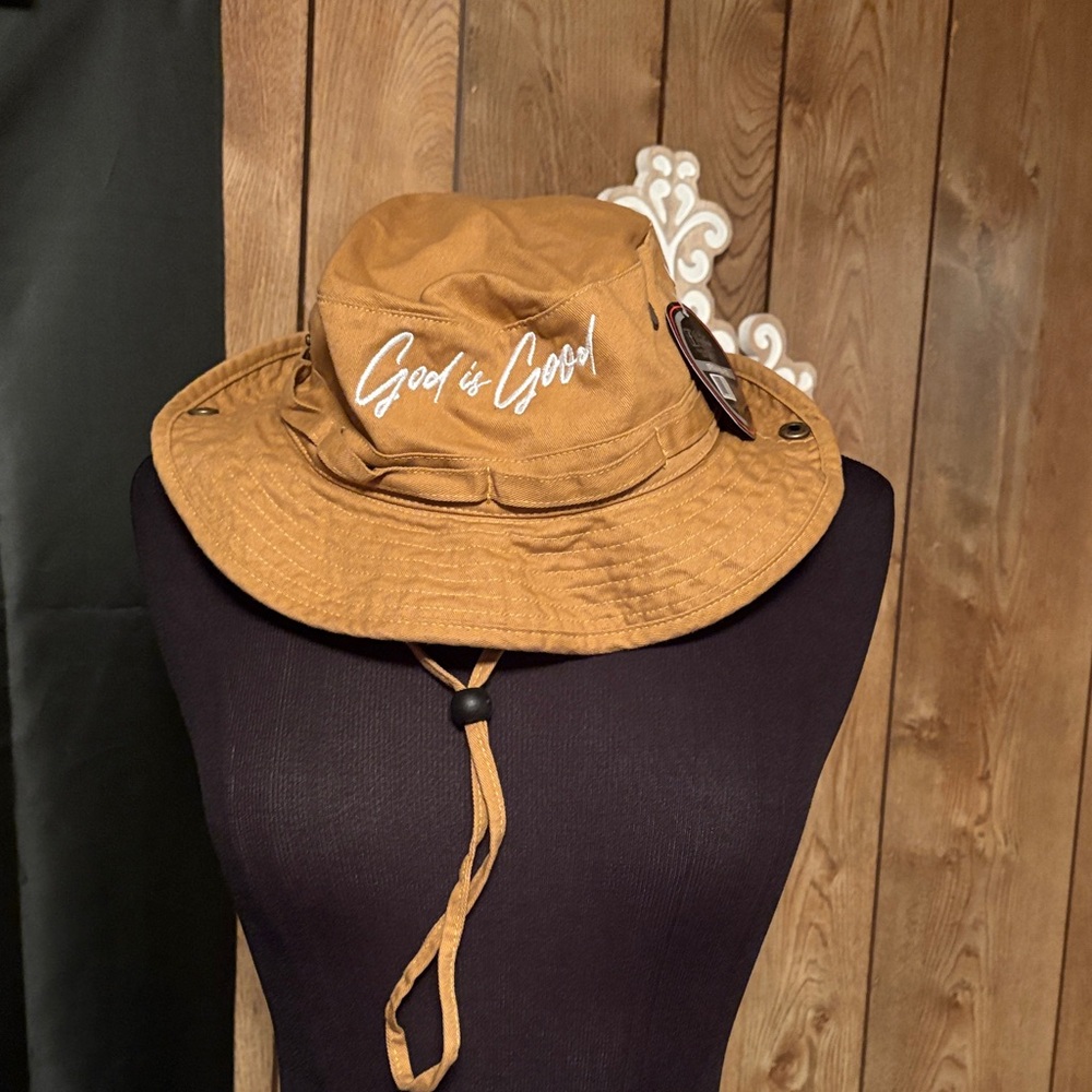 Brown Bucket Hat with Embroidered Text